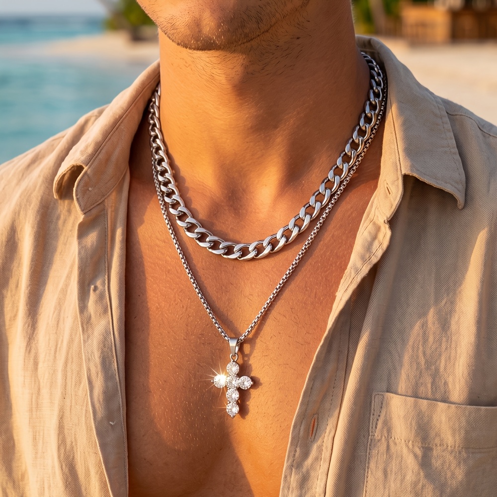 2pcs Minimalist Stacking Necklace Set with Cubic Zirconia Cross